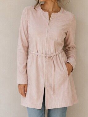 NEW H by Halston Pink Faux Suede Zip Up Long Sleeve Coat 8